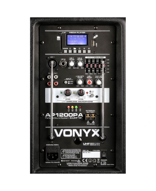 Vonyx AP1200PA Mobile Amp 12 BP-HH-UHF Diffusori a batteria