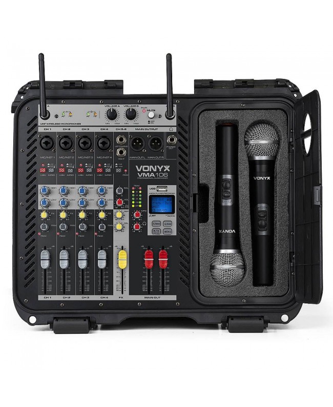 Vonyx VMA106 Mixer 6CH. Amp.2UHF ABS Case Mixer analogici