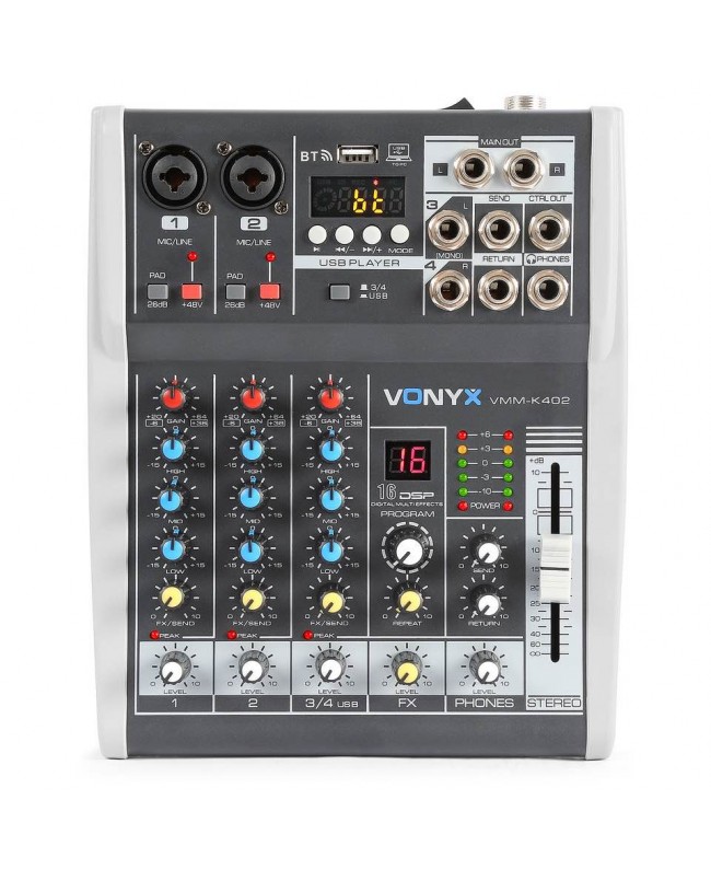 Vonyx VMM-K402 MusMix 4Ch/BT/Echo/USB Rec Analog Mixer