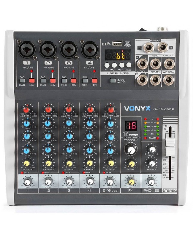 Vonyx VMM-K602 MusMix 6Ch/BT/Echo/USB Rec Analog Mixer