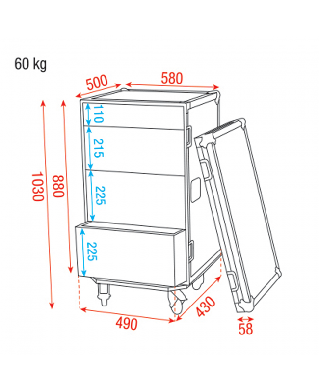 SHOWGEAR Drawer Case 16U Multi-purpose - swivel castors with break