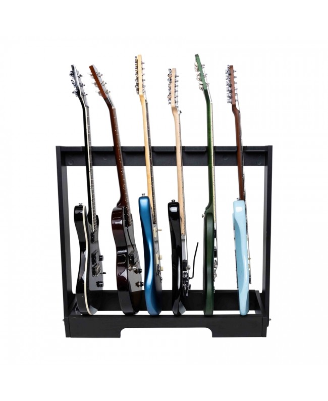 Gator Frameworks GFW-GTR-WD6RK-BLK Holzständer für 6 Gitarren mit schwarzem Finish Studiomöbel