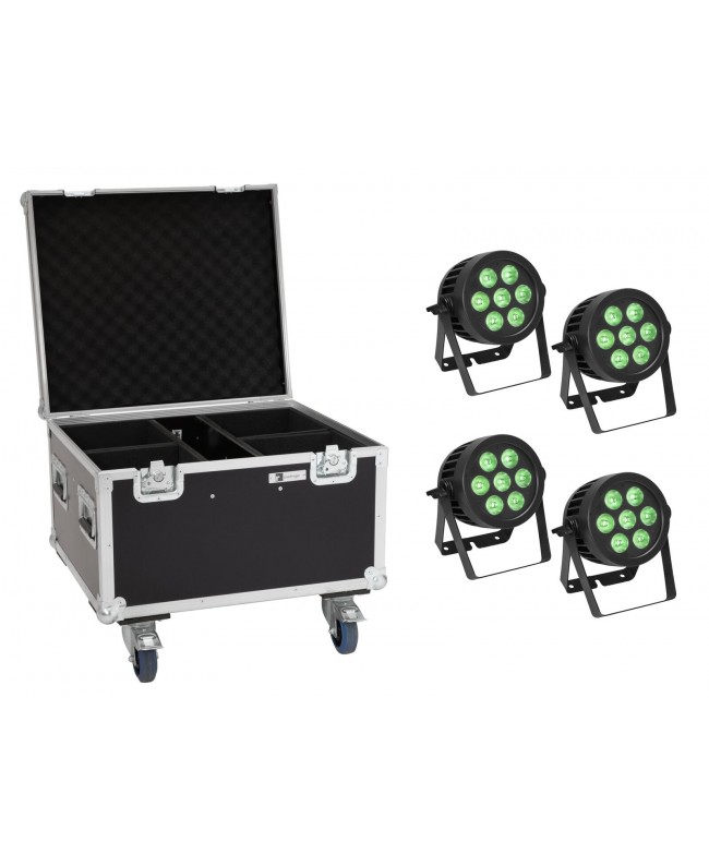 Eurolite Set 4x LED IP PAR 7x9W SCL Spot + Case mit Rollen