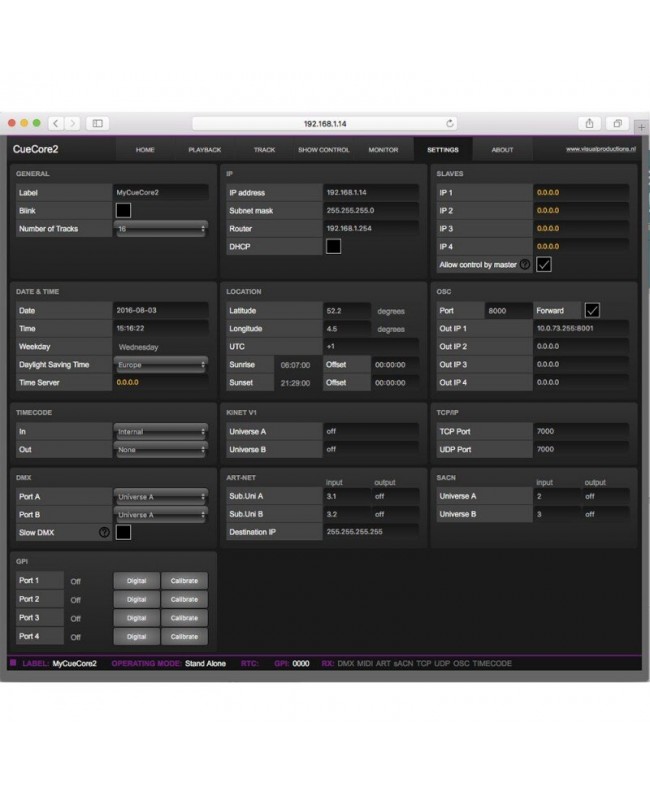Visual Productions CueCore2 Controller Software