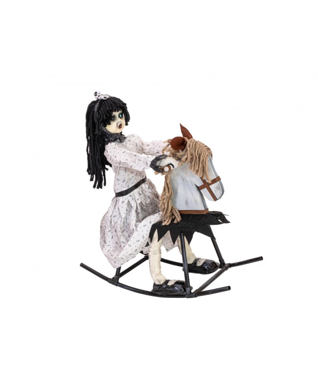 Europalms Halloween Figur Mädchen auf Schaukelpferd, animiert, 72cm Saisonartikel