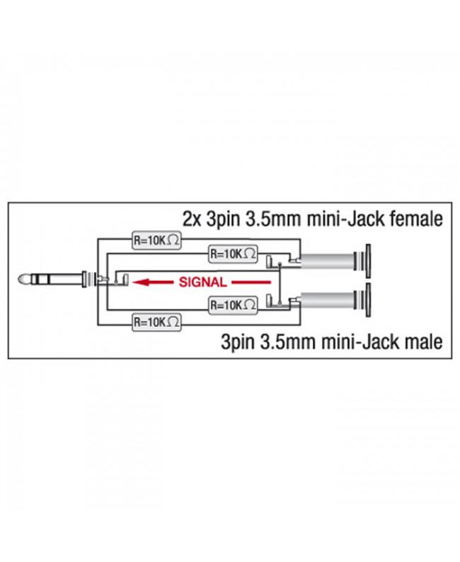 DAP XGA44 - mini-jack/M stereo to 2 x mini-jack/F - incl. 4 x 10 kOhm resistors Inclusi 4 resistori da 10 kOhm