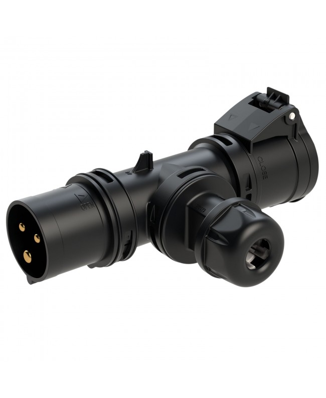 PCE CEE T-Connect 16 A / 240 V - 3P Male/Female 1x 3P CEE in - 1x 3P CEE out - 1x 3P terminal out with cable gland - IP44 Ada...
