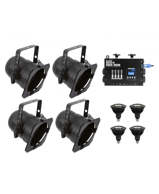 EUROLITE Set 4x PAR-38 Spot bk dim2warm + EDX-4 DMX RDM LED Dimmer pack Parcans