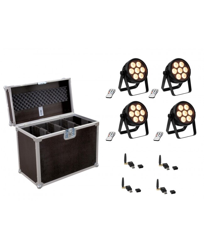 EUROLITE Set 4x LED 7C-7 Silent Slim Spot + USB QuickDMX + Case LED PAR
