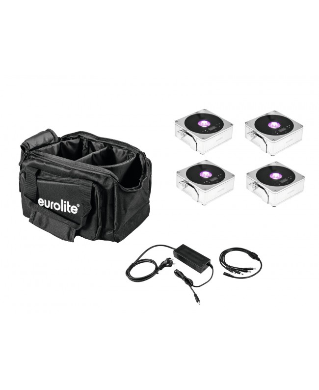 Eurolite Set 4x AKKU IP Flat Light 1 chrome + Soft Bag + Charger Battery Lights