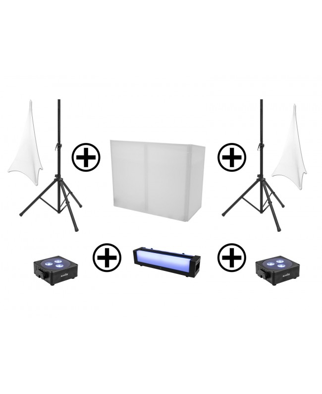 Eurolite Set AKKU 2x Flat Light 3 sw + Bar-6 + Ständer DJ-Tische
