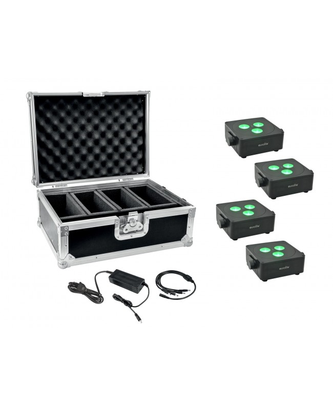 Eurolite Set 4x AKKU IP Flat Light 3 bk + Charger + Case Battery Lights