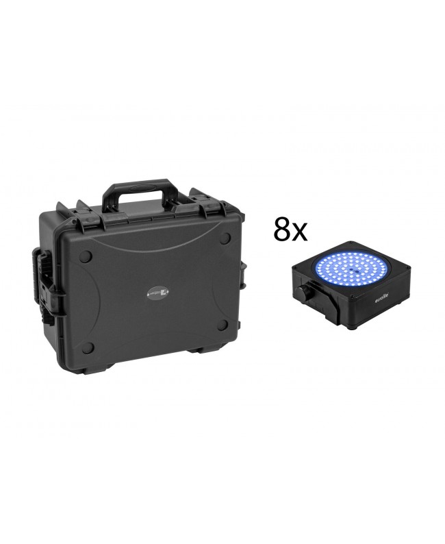 Eurolite Set 8x AKKU IP Flat Light SMD sw + Kunststoffcase mit Trolley Batteriebetriebene Leuchten