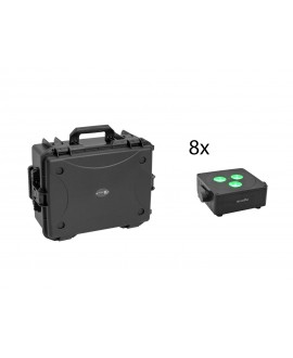 Eurolite Set 8x AKKU IP Flat Light 3 bk + custodia in plastica con carrello Fari LED a batteria