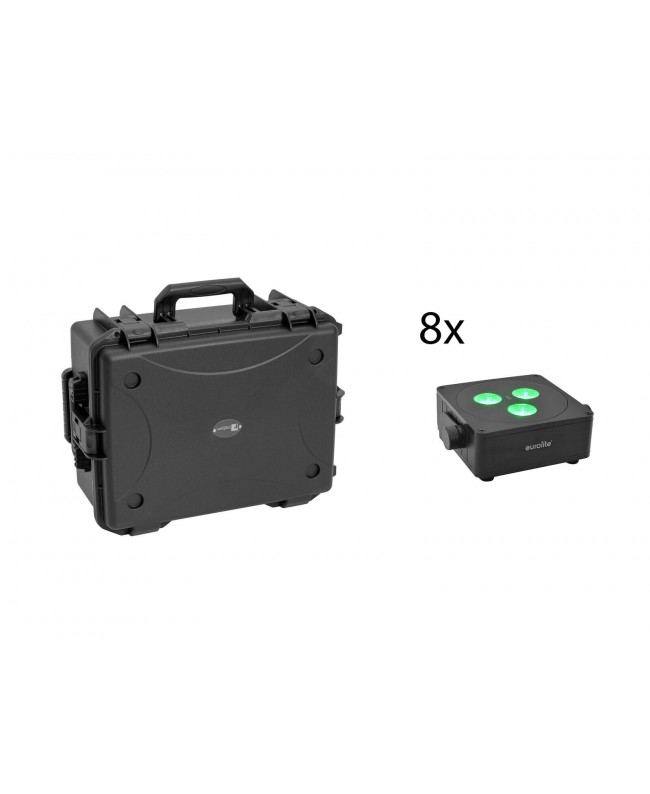 Eurolite Set 8x AKKU IP Flat Light 3 bk + custodia in plastica con carrello Fari LED a batteria