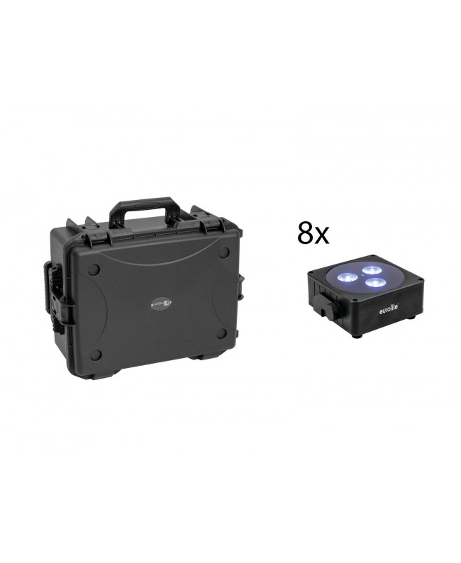 Eurolite Set 8x AKKU Flat Light 3 bk + Plastic case with trolley Battery Lights