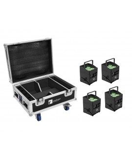 Eurolite Set 4x AKKU IP UP-4 QCL Spot QuickDMX MK2 + Flightcase mit Rollen und Ladefunktion Batteriebetriebene Leuchten