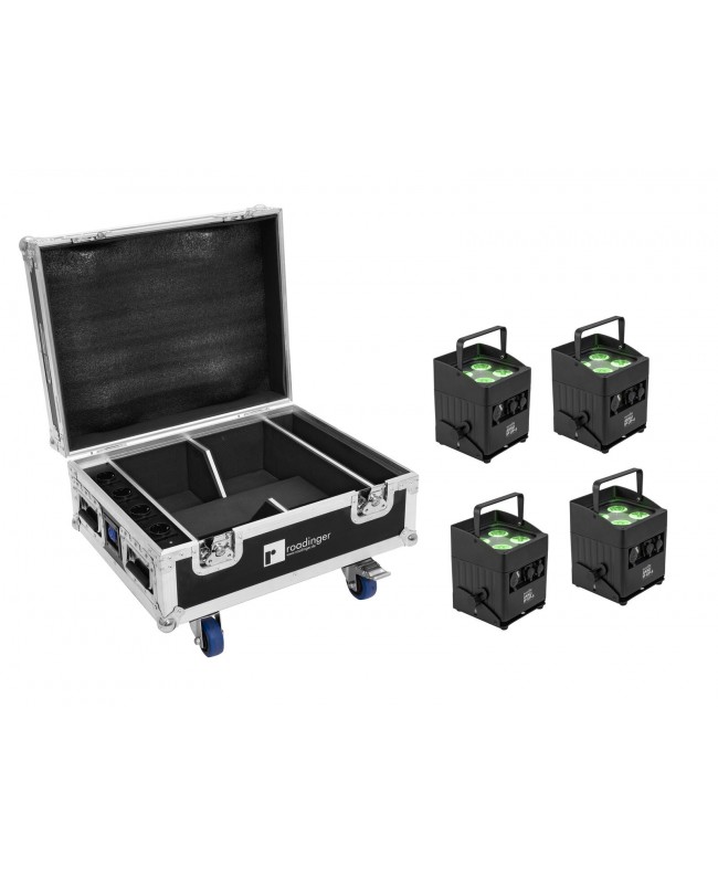 Eurolite Set 4x AKKU IP UP-4 QCL Spot QuickDMX MK2 + Flightcase con ruote e funzione di ricarica Fari LED a batteria