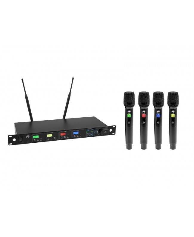 Omnitronic Sistema microfonico wireless a 4 canali UHF-604 823-832/863-865 MHz Sistema wireless con trasmettitore palmare